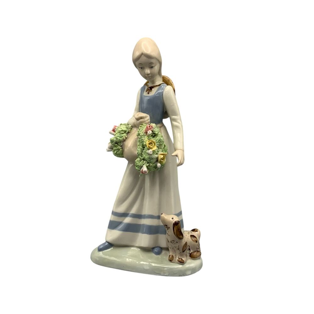 Vintage Ceramic Garden Maiden Girl Statue Basket Flowers Dog Hat Porcelain 10"
